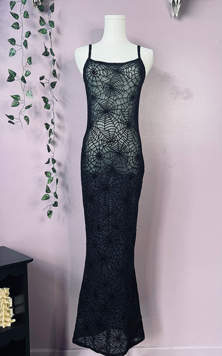 Sheer Hourglass Maxi Dress - Velvet Flocked Spider Webs