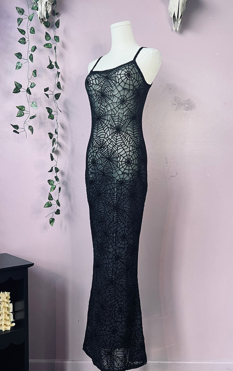 Sheer Hourglass Maxi Dress - Velvet Flocked Spider Webs - READY TO