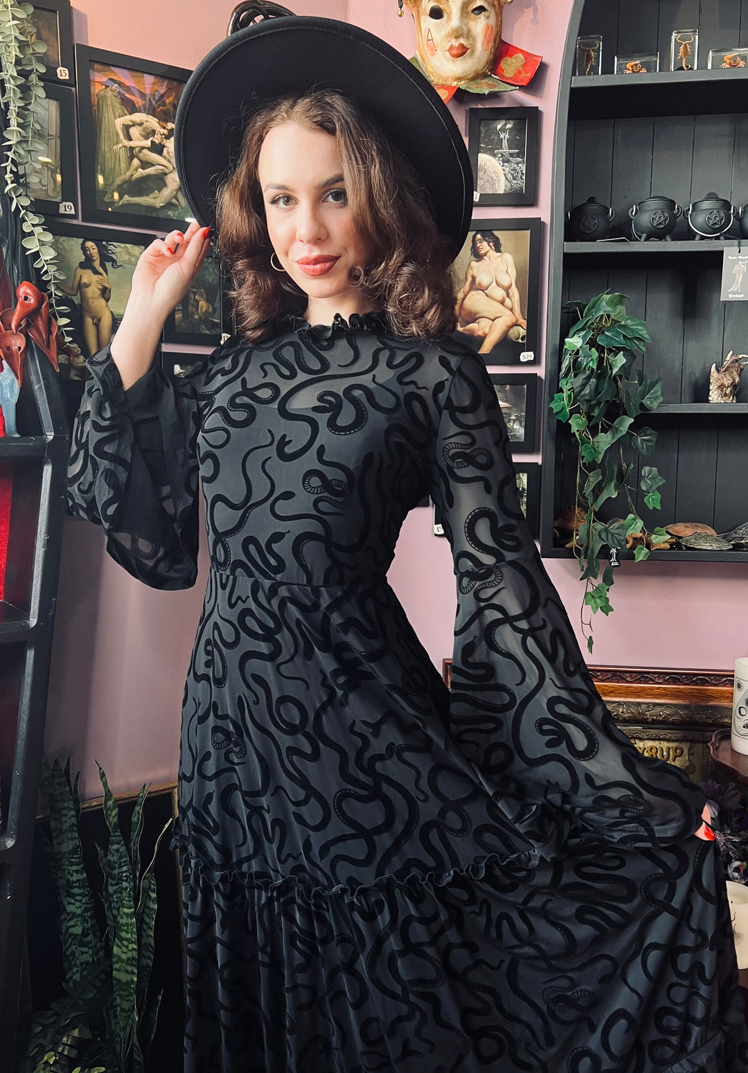 Sloane - Velvet Flocked Snake Maxi Dress with Bell Sleeves - READY-to- Witchwood Bags Sloane - Velvet Flocked Snake Maxi Dress with Bell Sleeves - READY-to- Witchwood Bags