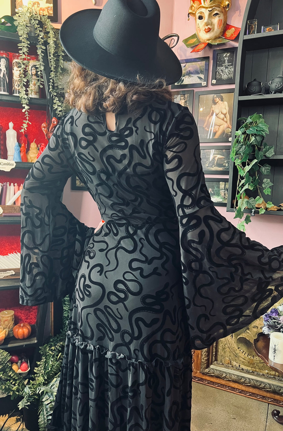 Sloane - Velvet Flocked Snake Maxi Dress with Bell Sleeves - READY-to-   Witchwood Bags