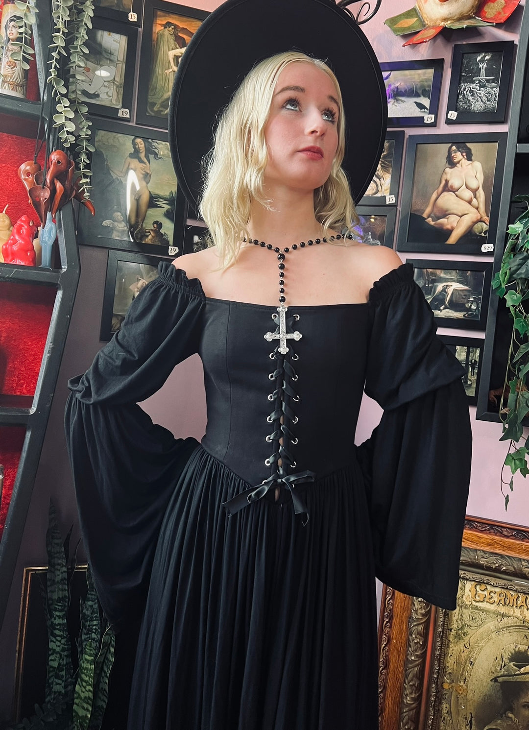 gothic dress shop Lilith - Dark Cottage Goth Lace Up Jersey Dress