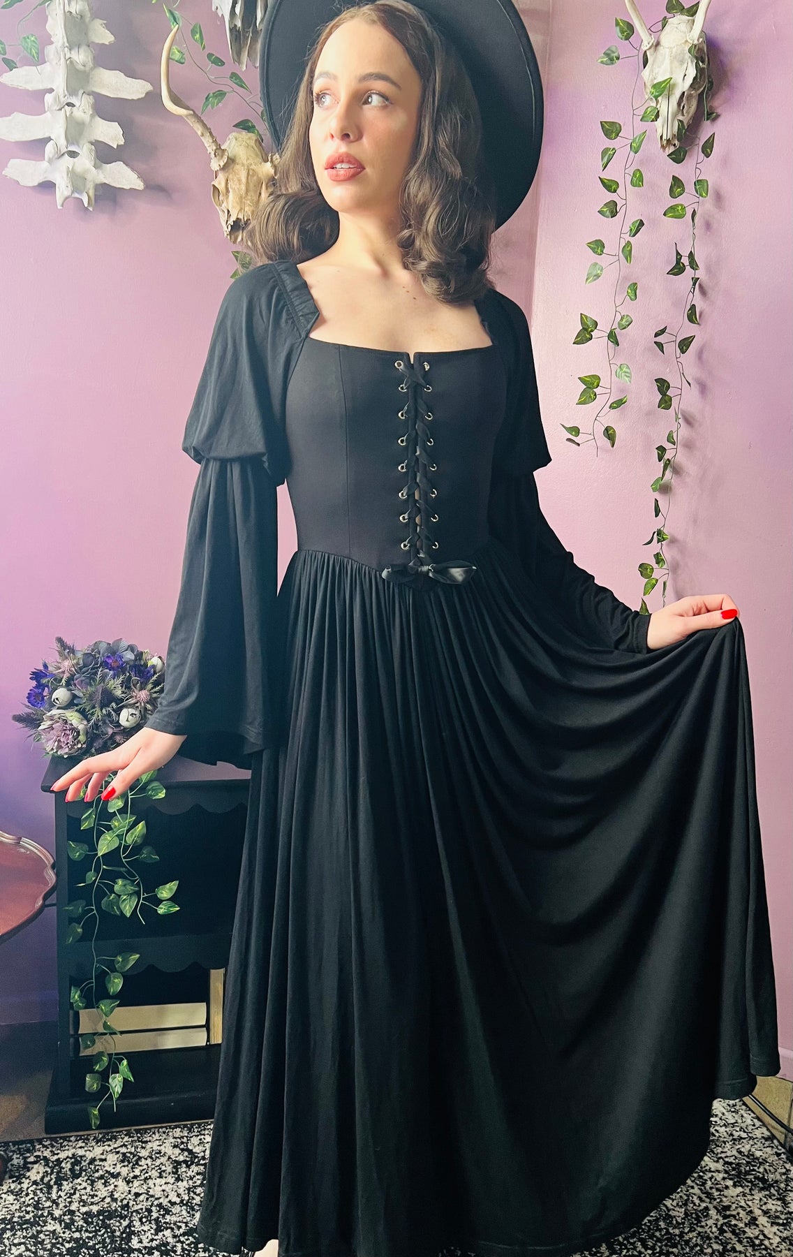Lilith - Dark Cottage Goth Lace Up Jersey Dress - READY TO SHIP Witchwood Bags Lilith - Dark Cottage Goth Lace Up Jersey Dress - READY TO SHIP Witchwood Bags