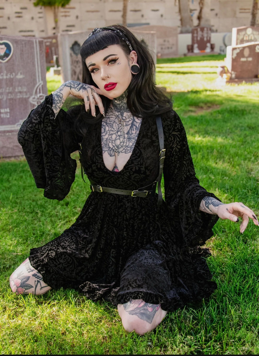 Nyx - Bell Sleeved Velvet Damask Dress with Harness - READY TO