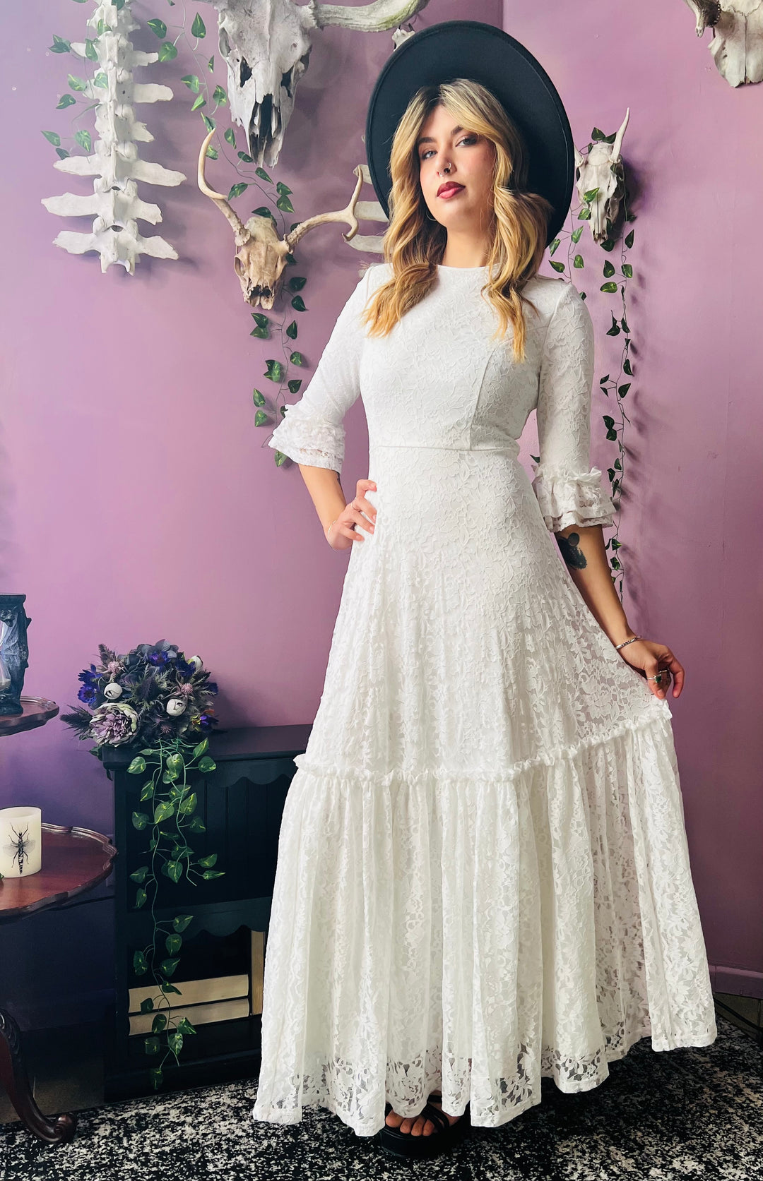 Mina - Ivory Floral Lace Bride of the Vampire Maxi Dress - READY