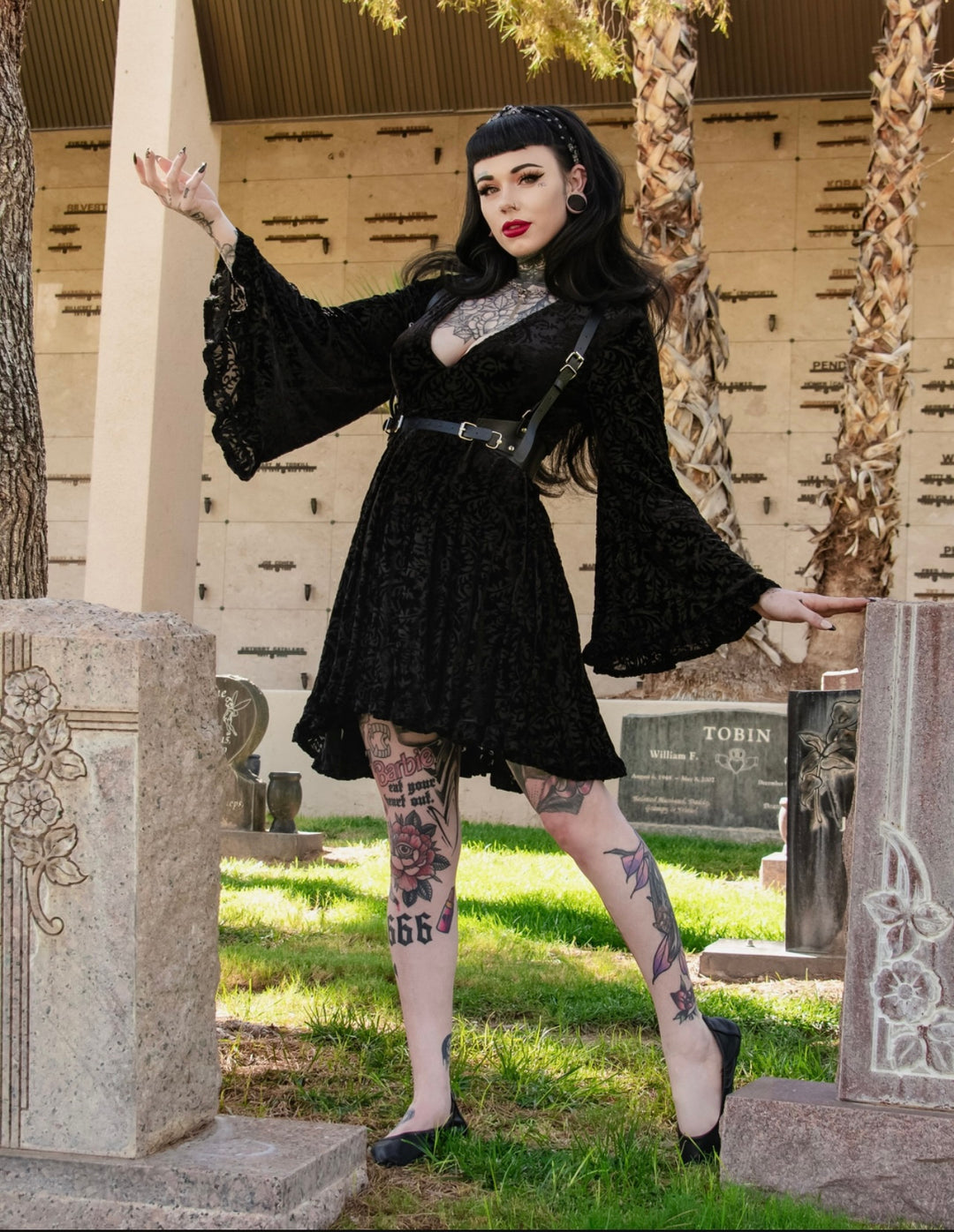 Nyx - Bell Sleeved Velvet Damask Dress with Harness - READY TO