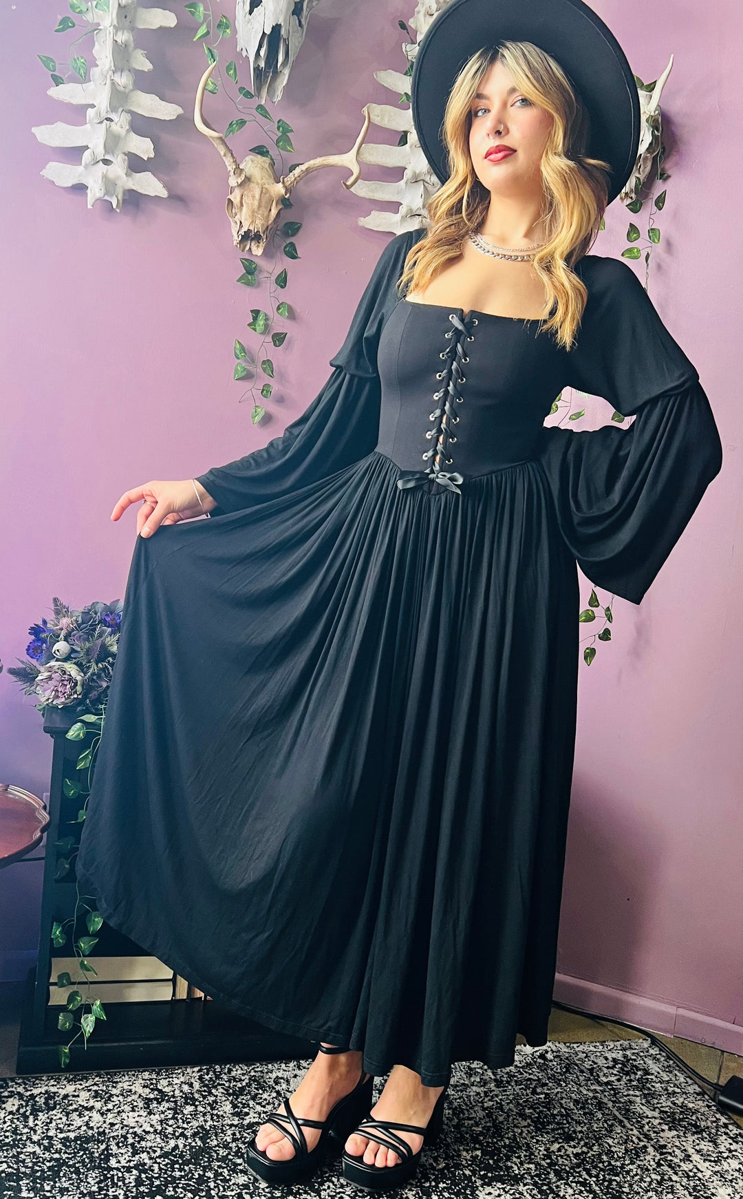 Lilith - Dark Cottage Goth Lace Up Jersey Dress - READY TO SHIP