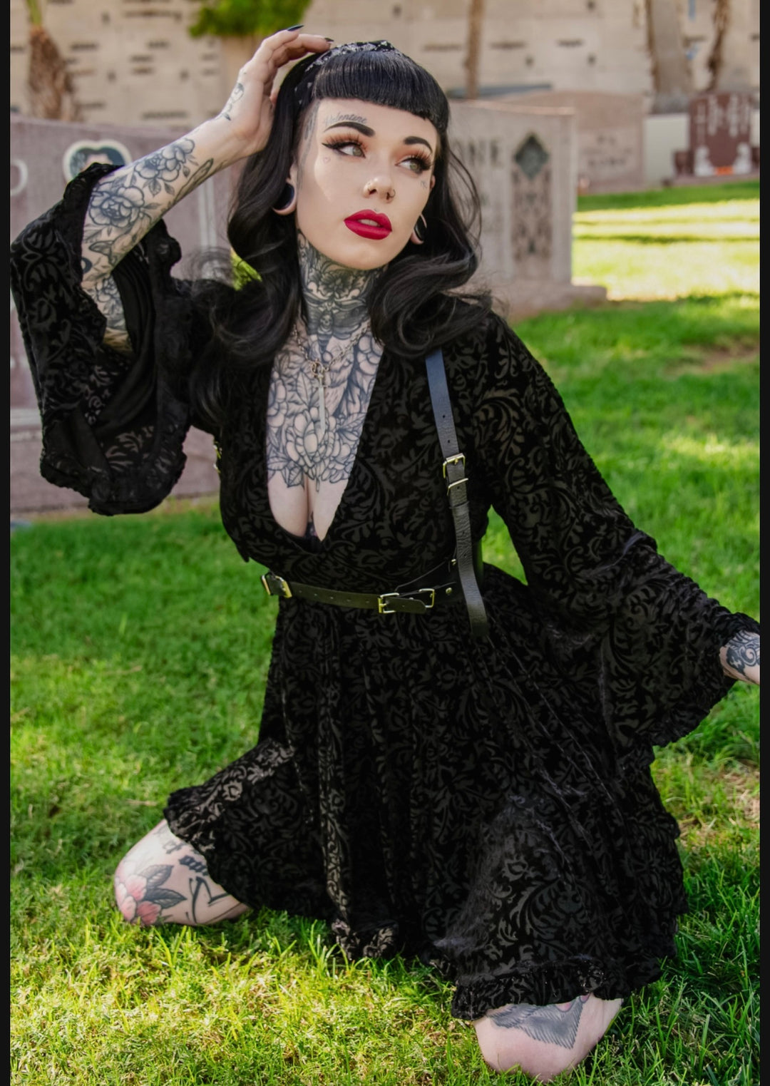 Nyx - Bell Sleeved Velvet Damask Dress with Harness - READY TO