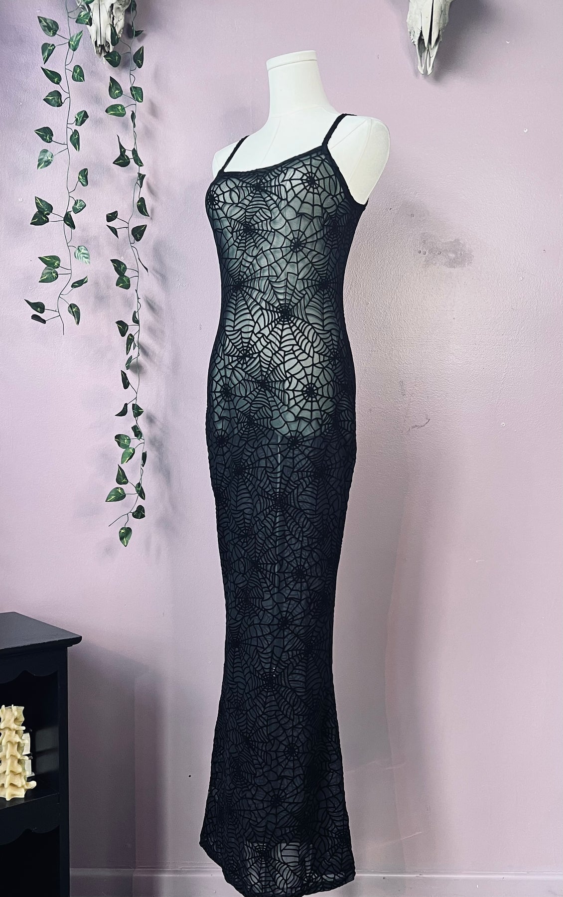 Sheer Hourglass Maxi Dress - Velvet Flocked Spider Webs