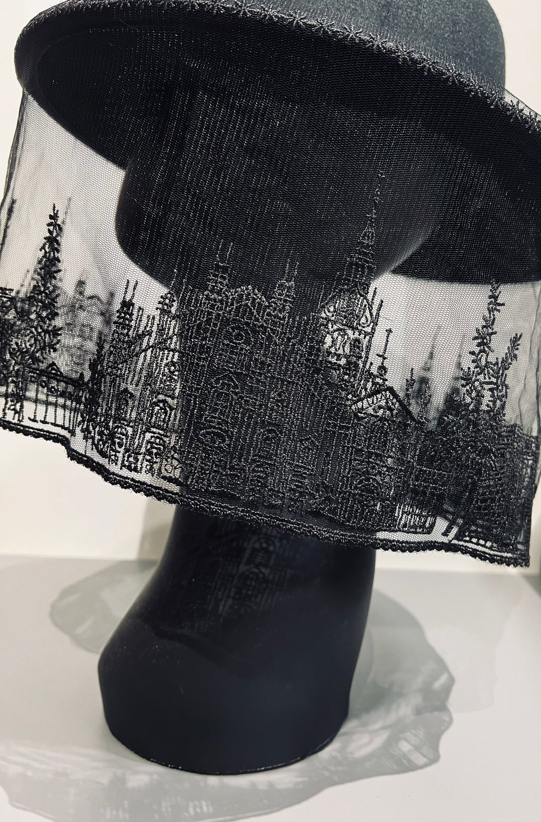 Vegan Felt Wide Brim Hat - Mourning Collection - Cathedral Lace