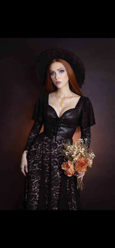 Tempest - Illusion Lace Dress with Vegan Leather Faux Corset Witchwood Bags Tempest - Illusion Lace Dress with Vegan Leather Faux Corset Witchwood Bags