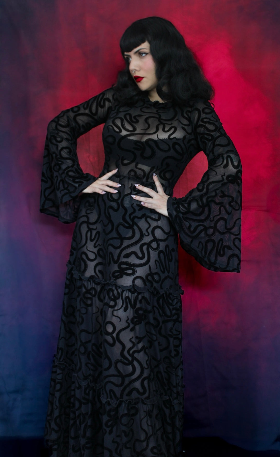Sloane - Velvet Flocked Snake Maxi Dress with Bell Sleeves