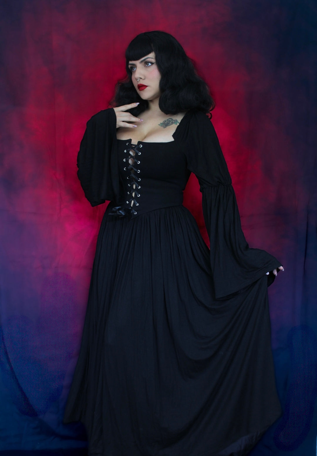 Lilith - Dark Cottage Goth Lace Up Jersey Dress - READY TO SHIP Witchwood Bags Lilith - Dark Cottage Goth Lace Up Jersey Dress - READY TO SHIP Witchwood Bags