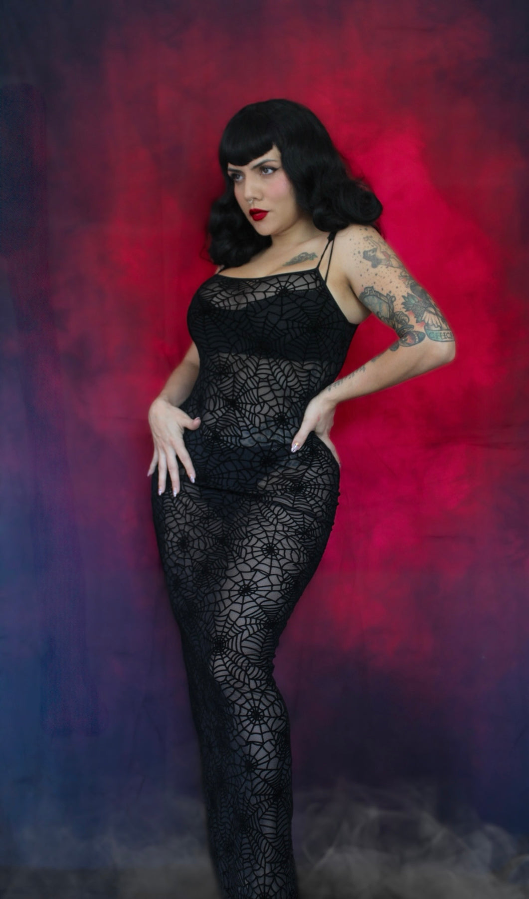 Sheer Hourglass Maxi Dress - Velvet Flocked Spider Webs - READY TO SHI Witchwood Bags Sheer Hourglass Maxi Dress - Velvet Flocked Spider Webs - READY TO SHI Witchwood Bags