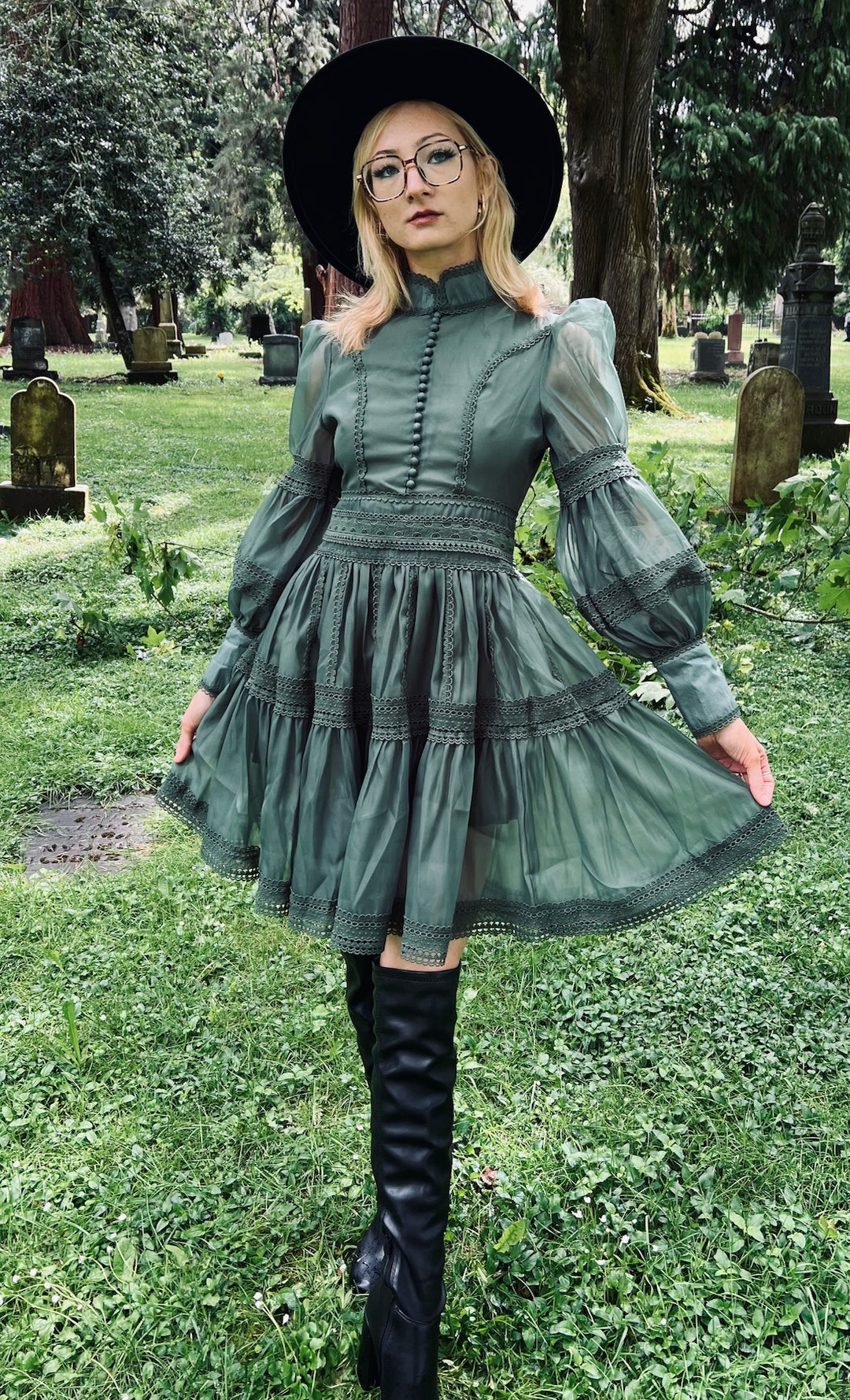 Morgana - Romantic Victorian Inspired Party Dress - SAGE - READY to SH Witchwood Bags Morgana - Romantic Victorian Inspired Party Dress - SAGE - READY to SH Witchwood Bags