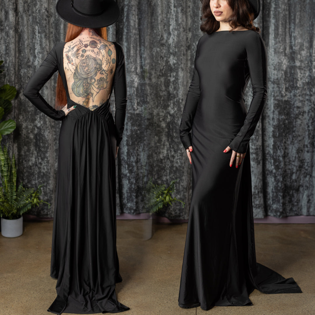 HELENA - Open back maxi dress with train - PRE-ORDER – Witchwood Bags