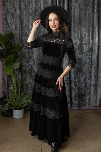 ELOWYN - Velvet and lace tiered maxi dress
