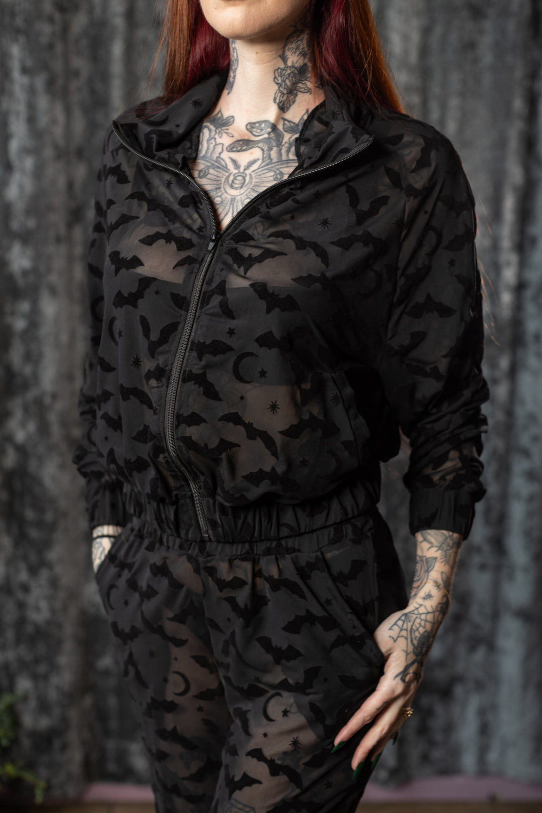 The SINFUL Track Suit Set - BATS - Sheer Velvet Flocked Bat Track
