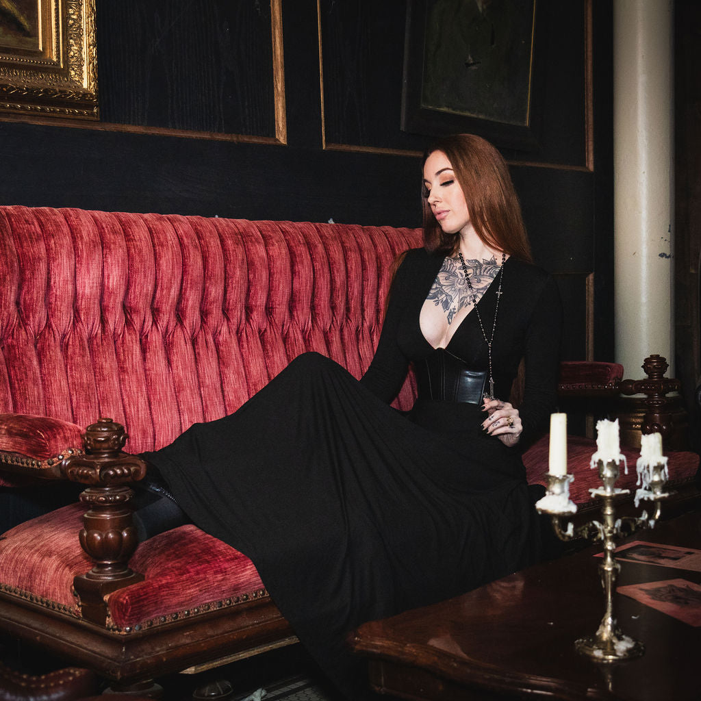 Blair - Jersey Maxi Dress with Vegan Leather Corset Waist - READY TO S Witchwood Bags Blair - Jersey Maxi Dress with Vegan Leather Corset Waist - READY TO S Witchwood Bags