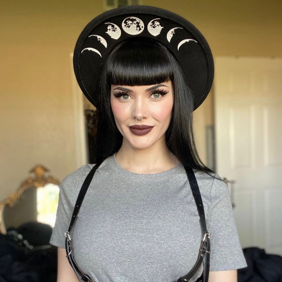 Witchwood Fern Moon Hat Vegan Felt Black Goth Bohemian Goddess Vegan Felt Hat - Fern Moon- B/W – Witchwood Bags main image 2