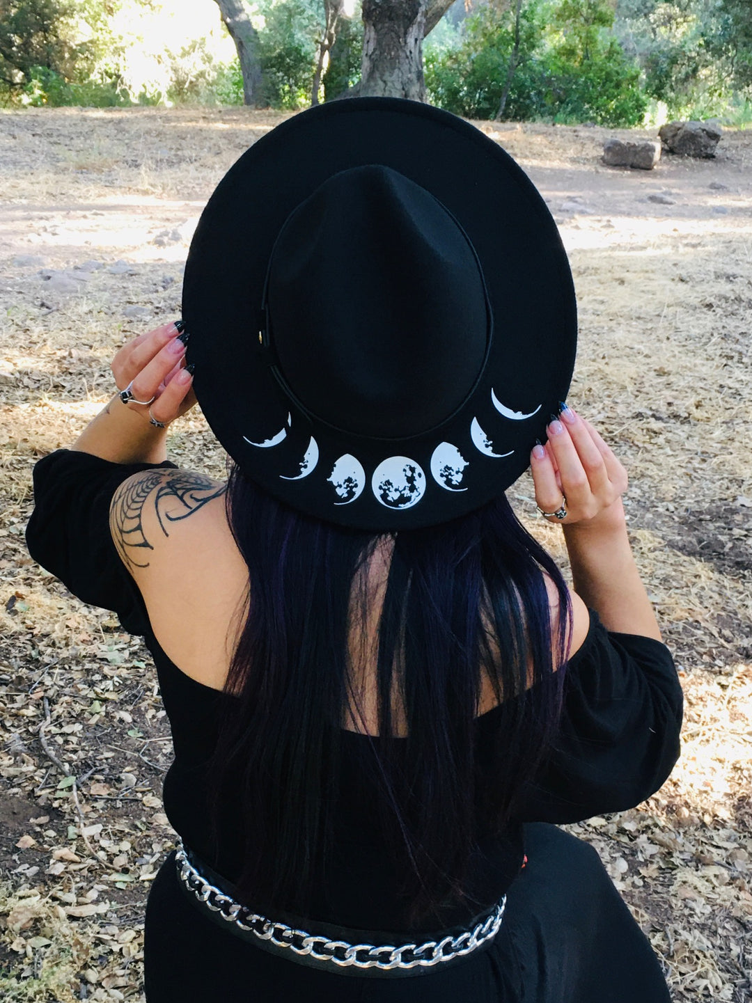 Witchwood Fern Moon Hat Vegan Felt Black Goth Bohemian Goddess Vegan Felt Hat - Fern Moon- B/W – Witchwood Bags main image 4
