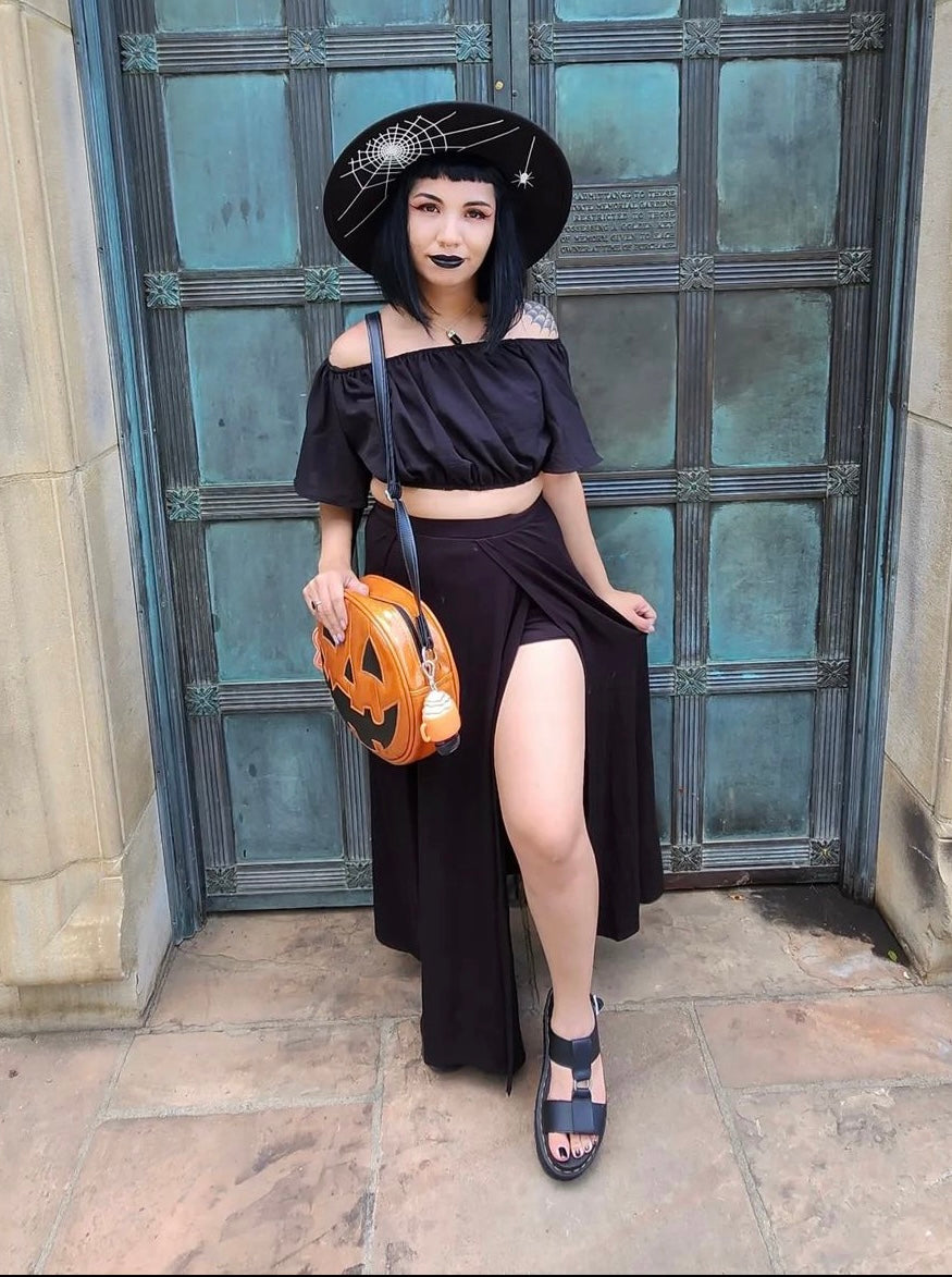 Vegan Black Spiderweb Felt Wide-Brim Witch Hat with Web Accent Vegan Felt Hat - XL Brim - Hanging Spider Web – ModCloth main image 2